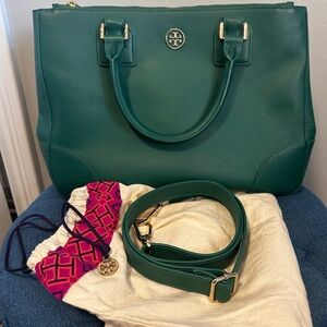 Tory Burch Green Leather Large Robinson Double Zip Tote